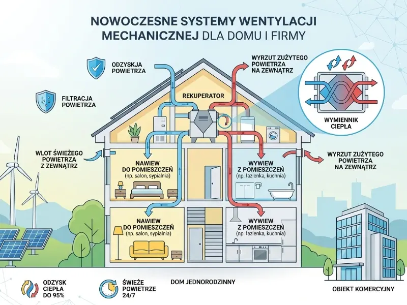 Schemat nowoczesnych systemów wentylacji mechanicznej dla domu i firmy